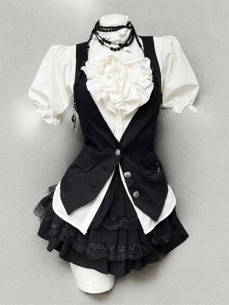 Harajuku Gothic Retro Chic Outfit Women Bubble Sleeve Shirt + Slim Vest + Short Cake Skirt New Vintage Fashion 3 Piece Suit 2025