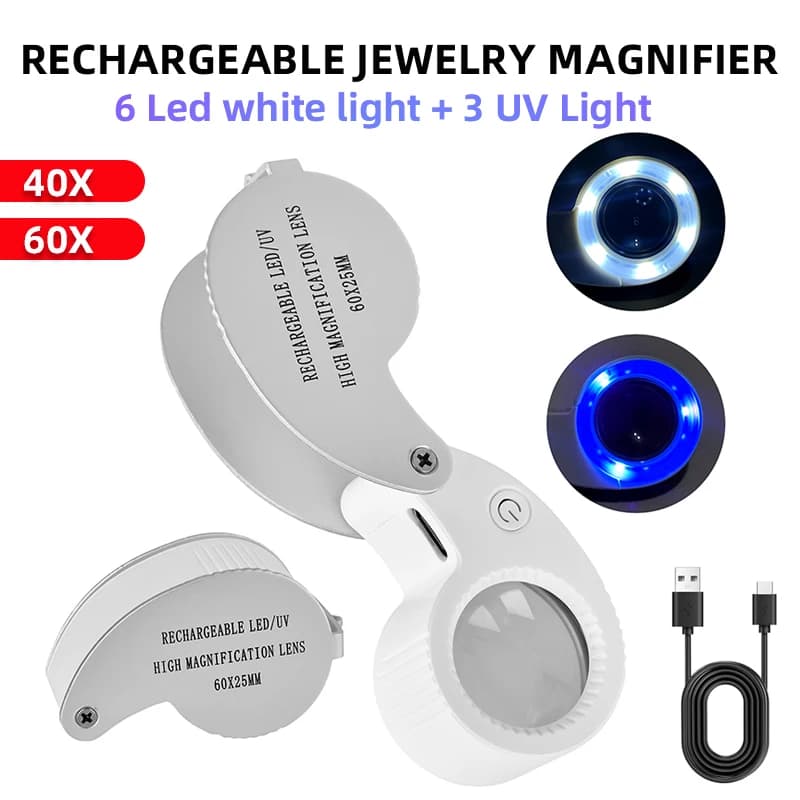 Rechargeable Jewelry Magnifier 40X 60X Foldable Magnifying Glass With UV LED Lights Illuminated Magnifier For Jewelers Gems Coin
