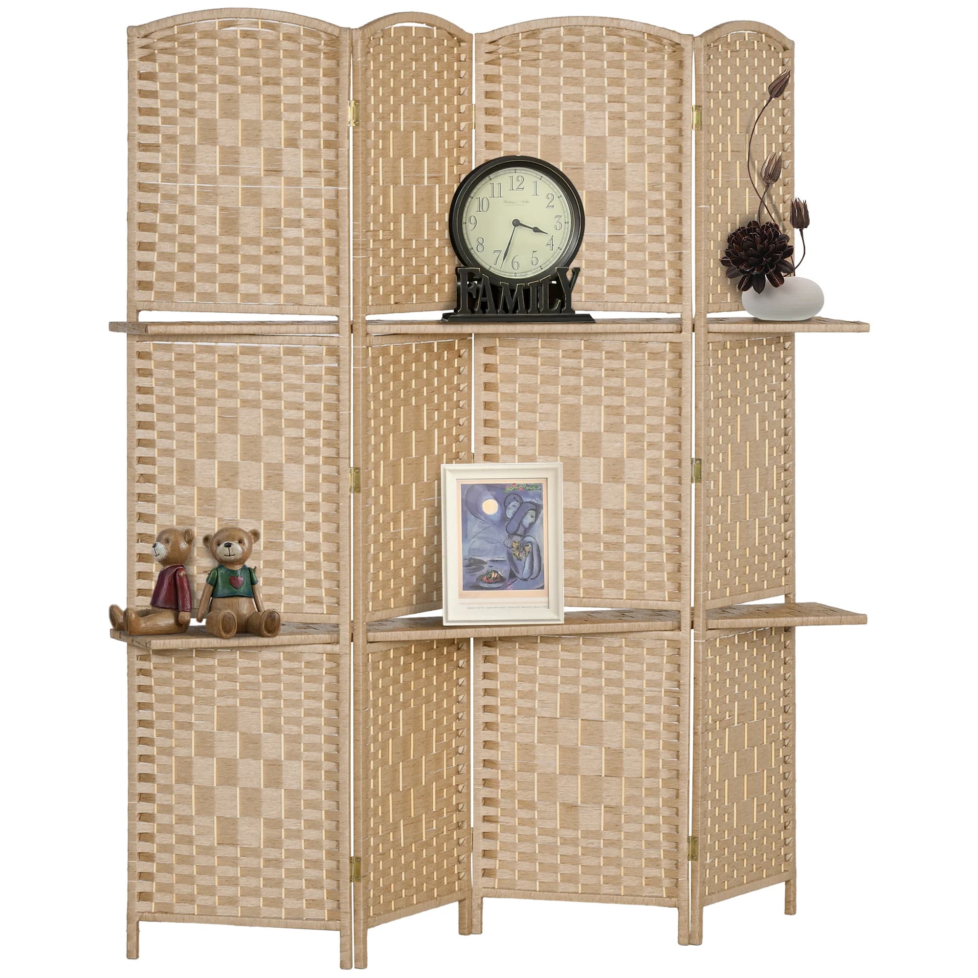 Homcom Room Divider Screen 4 Panels 160X170 cm with 2 Display Shelves Natural Folding Privacy Screen