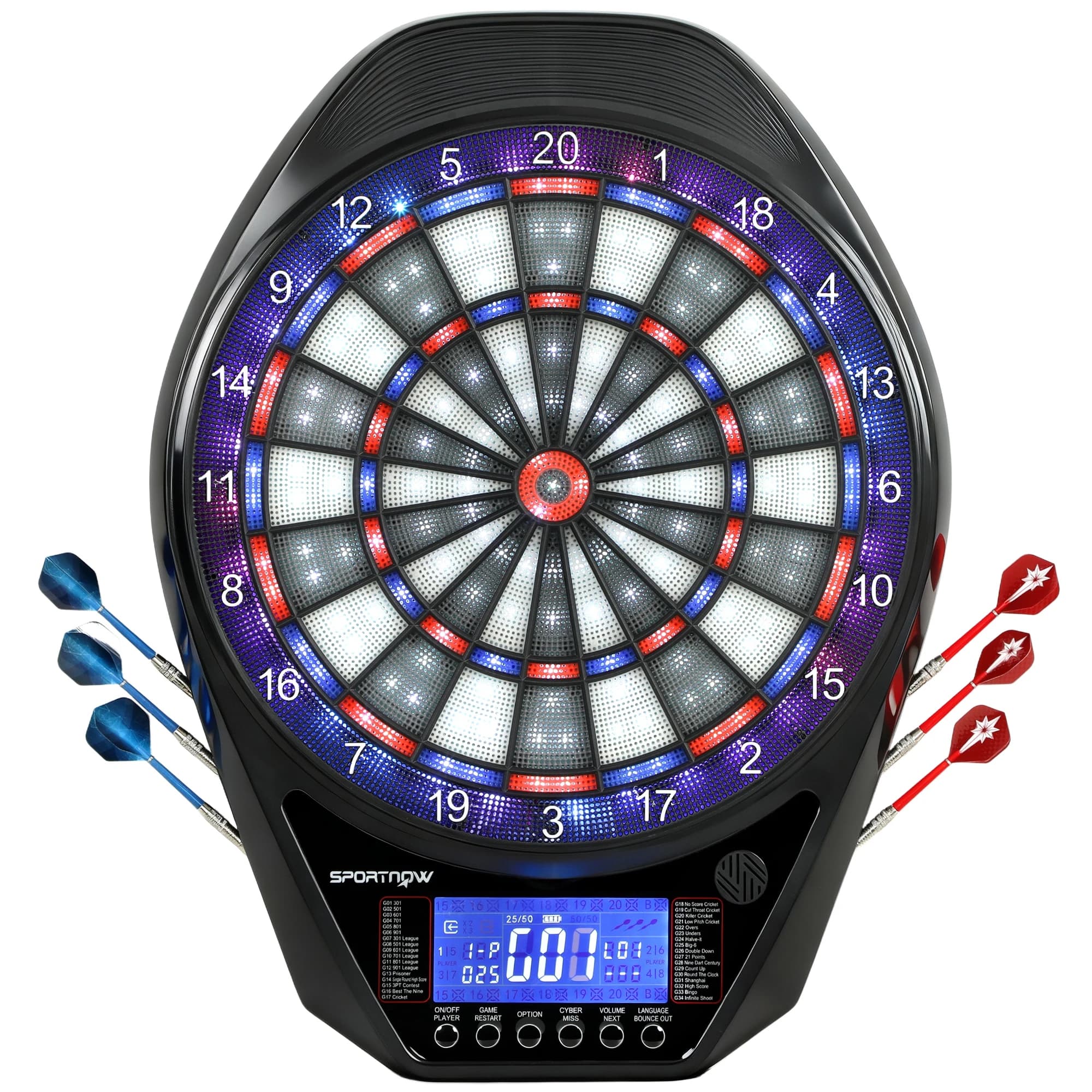 Sportnow Electronic Dartboard with 6 Darts and 24 Soft Tips Led Screen 34 Games and 2235 Programs 60.5X45.5X3.6 cm Multicolor