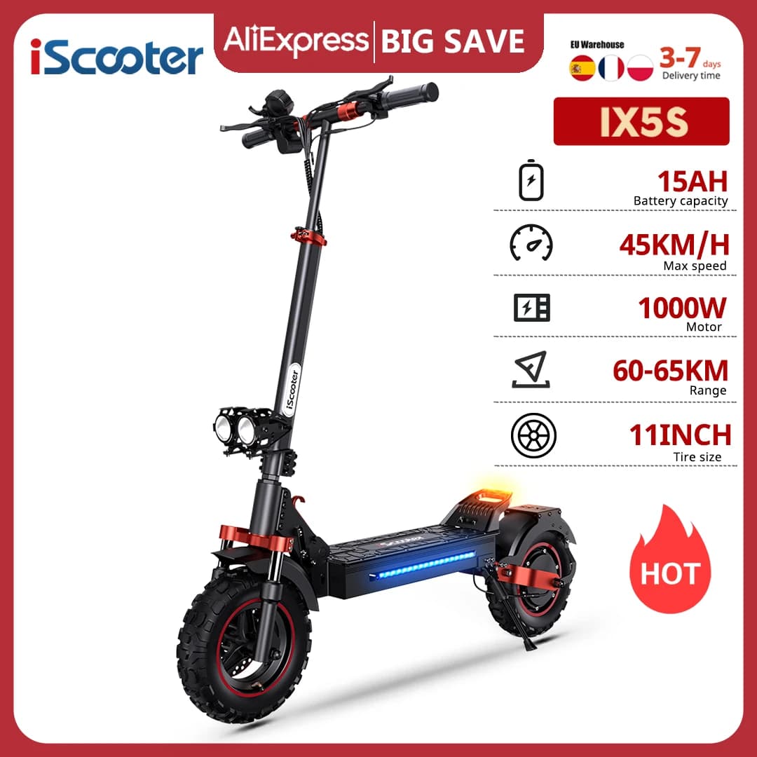 iScooter IX5S Electric Scooter 11inch Off-Road 48V15Ah 1000W Rear-Wheel Drive Scooter Max Speed 45km/h Range 65km Foldable eScooter
