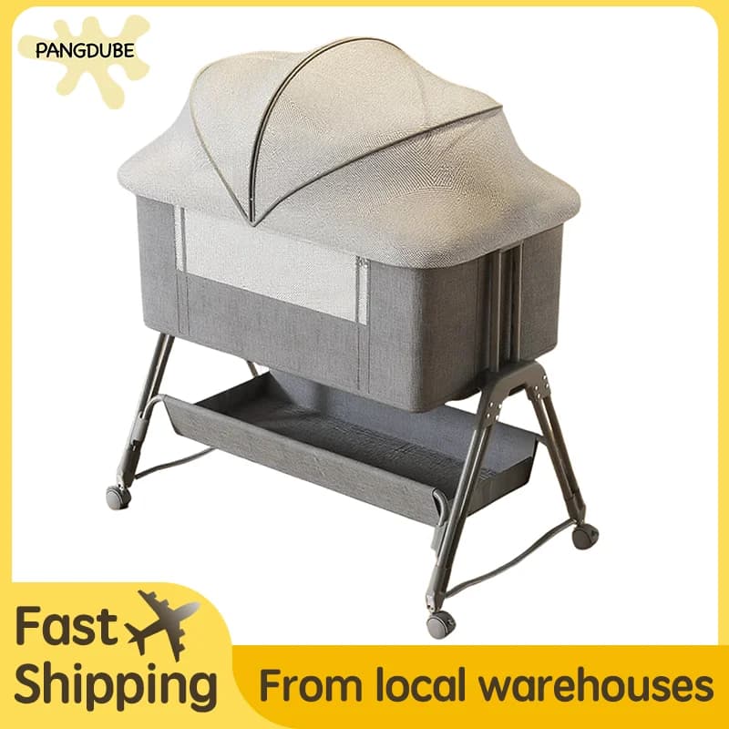 PANGDUBE 3-in-1 Folding Baby Crib, Convertable Baby rocker, Newborn Bedside Cot Portable Baby Cot with Mattress, 4 Wheels Storage Bag