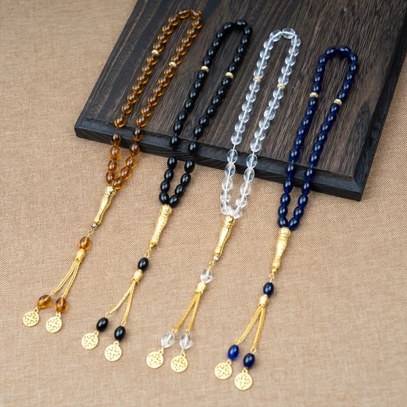 33 Beads Oval Glass Tasbih Prayer Beads 10mm Muslim Handheld Rosary Bracelet With Golden Pendant Islamic Worship Jewelry Religio