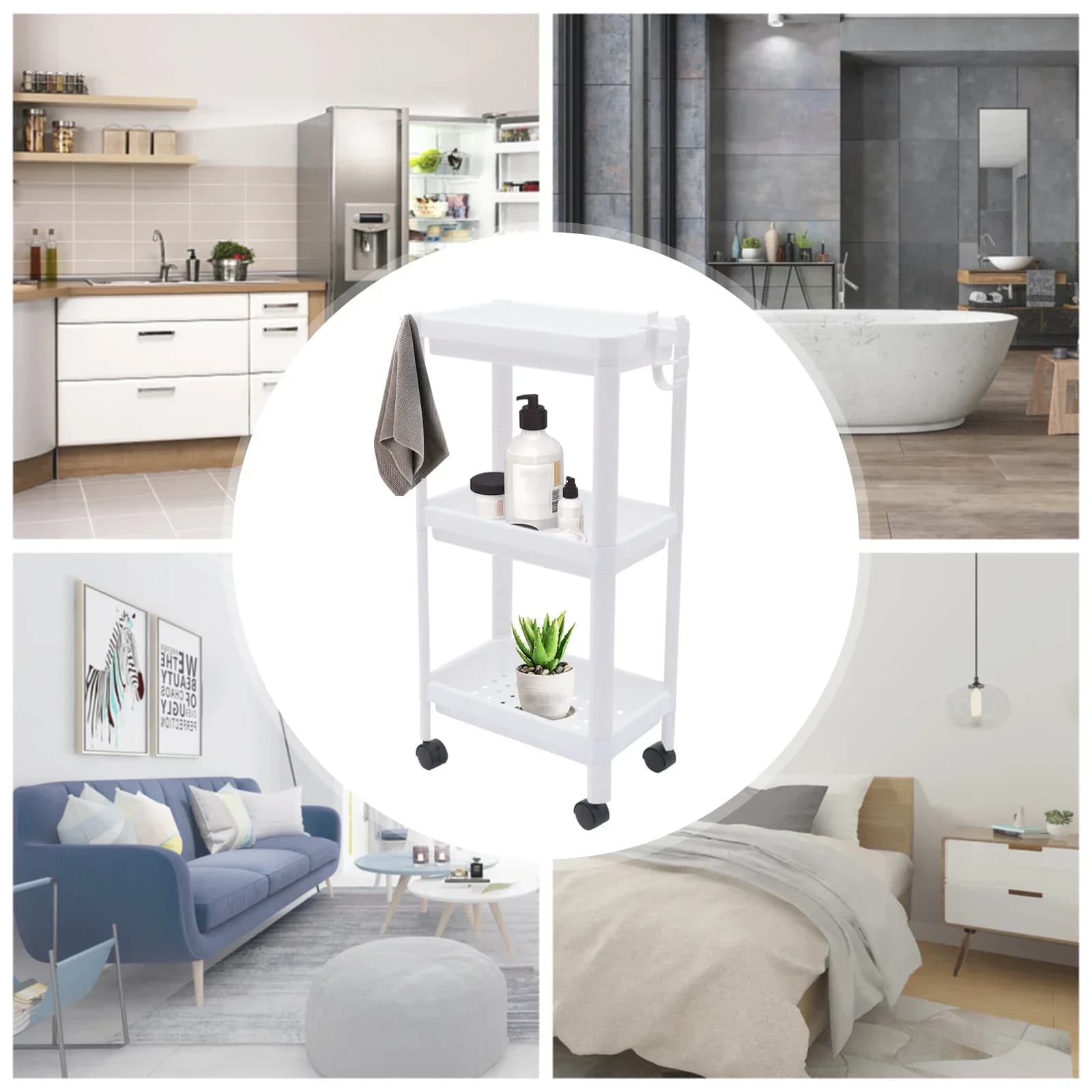 Kitchen Trolley Floor Stand, 3-Tier Rolling Bathroom Storage Rack, Multi-Functional Cart, Suitable for Anywhere