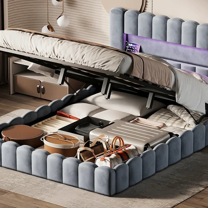 Bed Trunk 180x200 cm velvet Gray LED slatted frame Design modern and refined parental bedroom