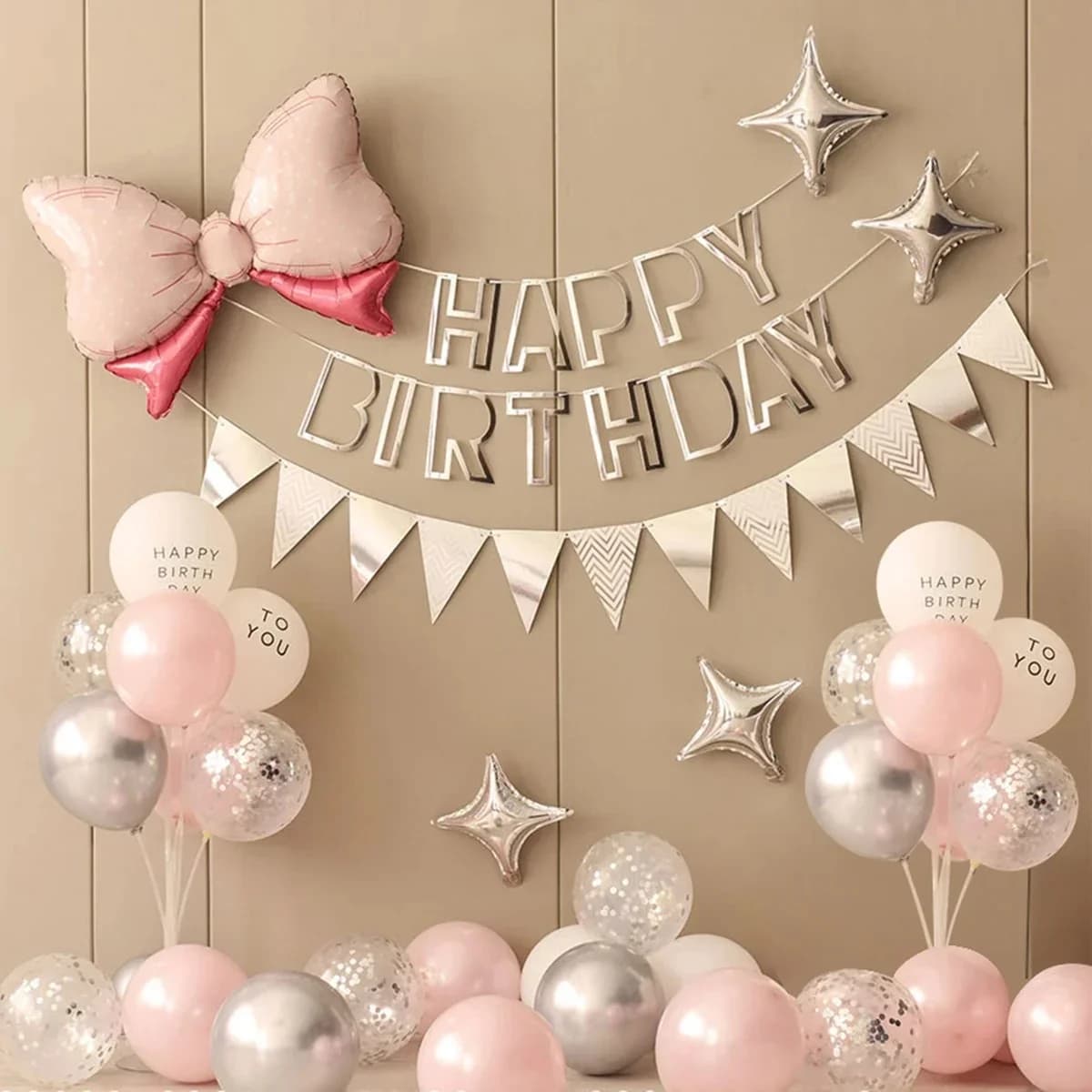 36PCS Pink and Silver Simple Birthday Balloon Party Set Pink Bow and Hollowed Out Paper Flag Decoration