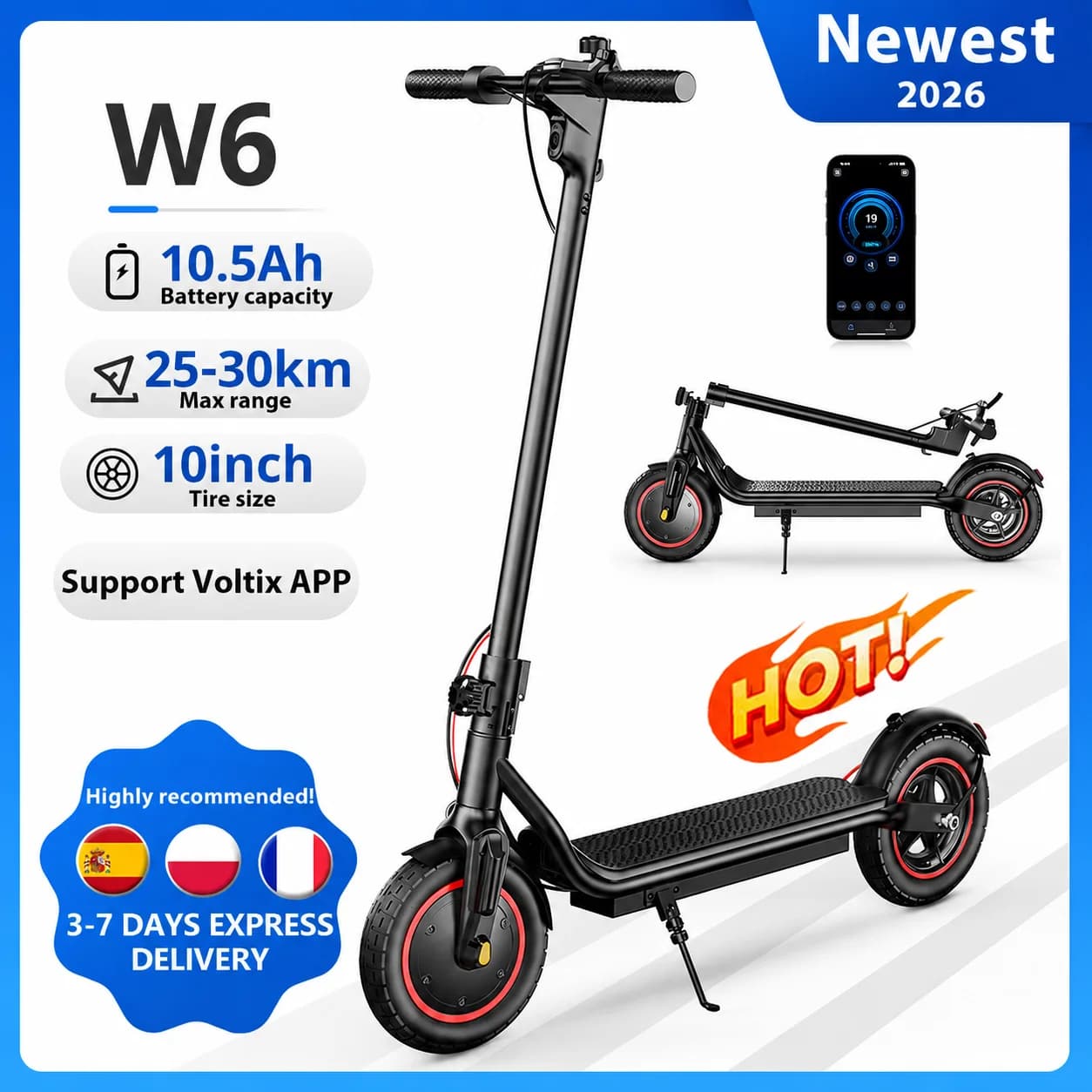 10 inch W6 Electric Scooter 36V 10.5Ah  25-30km Range Inflatable Tire Speed rear Disc Brake e Scooter With App