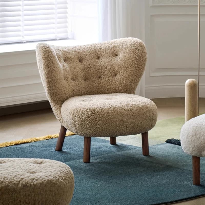 French retro style casual back chair solid wood lamb wool pedal sofa comfortable fluffy soft living room home furniture
