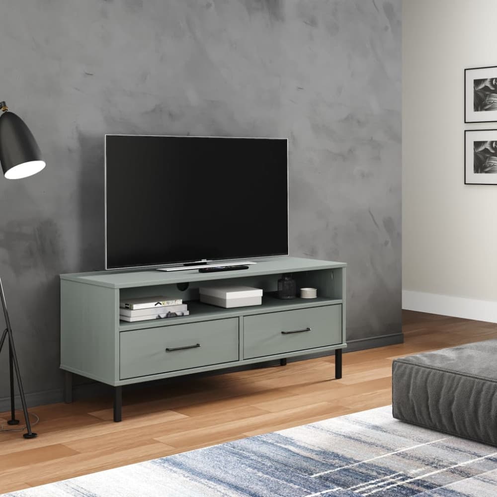 Tv-bänk med metallben OSLO grå massiv furu