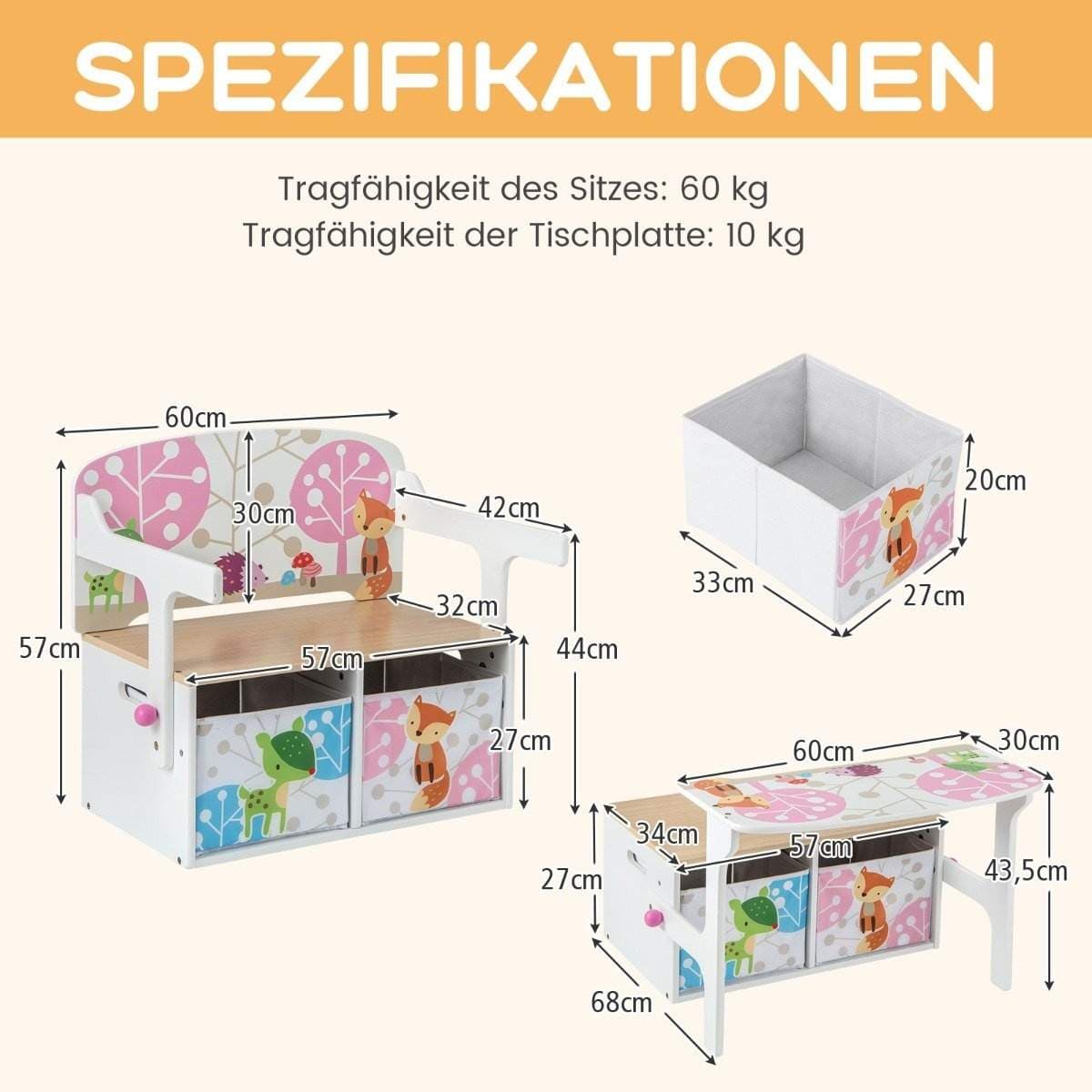 Barn 3-i-1 bord och stolset med förvaringskärl – vit view 2