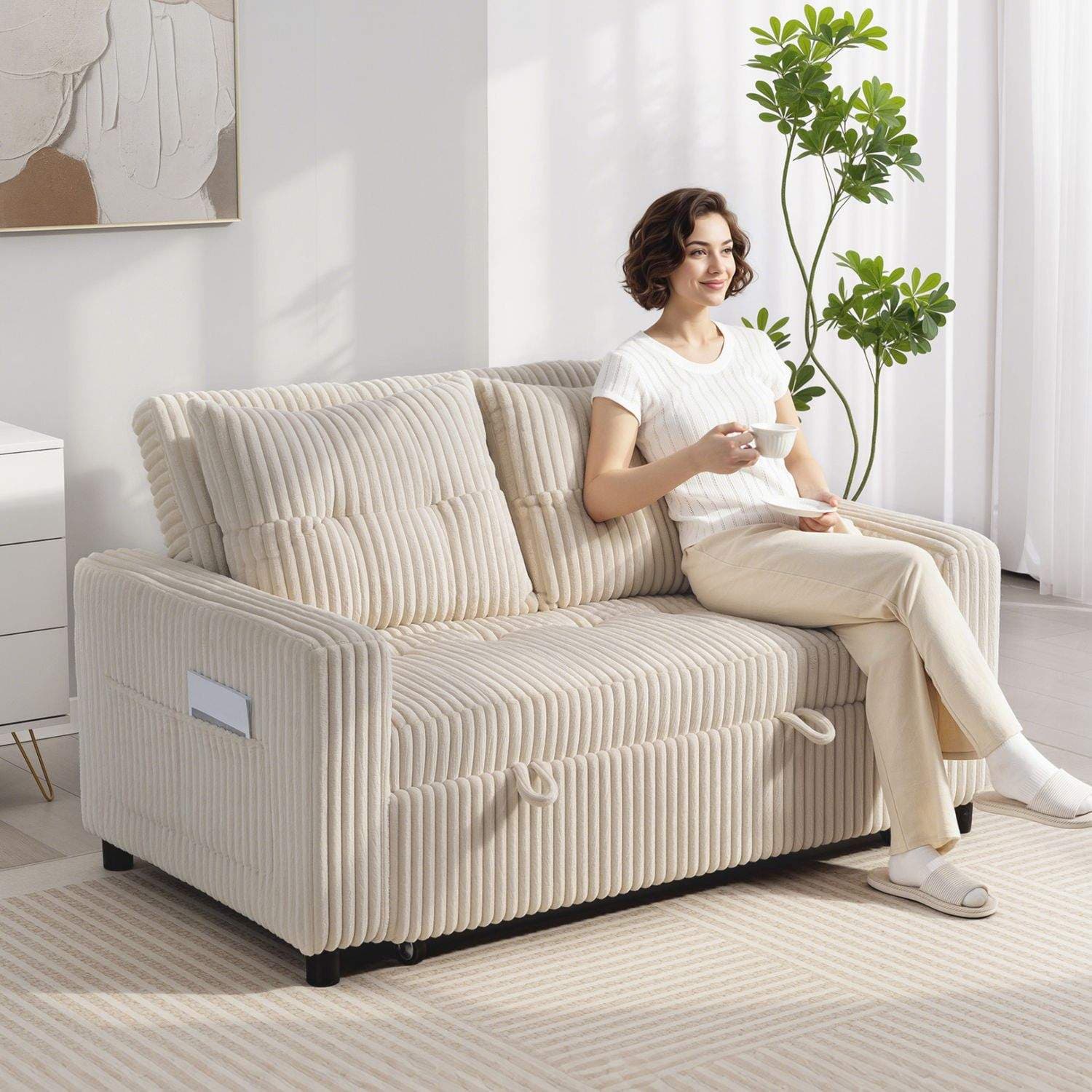 Konvertibel 2-sits bäddsoffa, manchestertyg, krämvit view 2