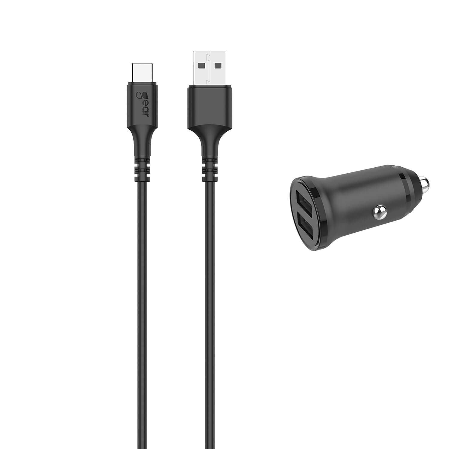 GEAR Laddare 12-24V 2xUSB-A 3.4A Svart USB-C 2.0 Kabel 1m