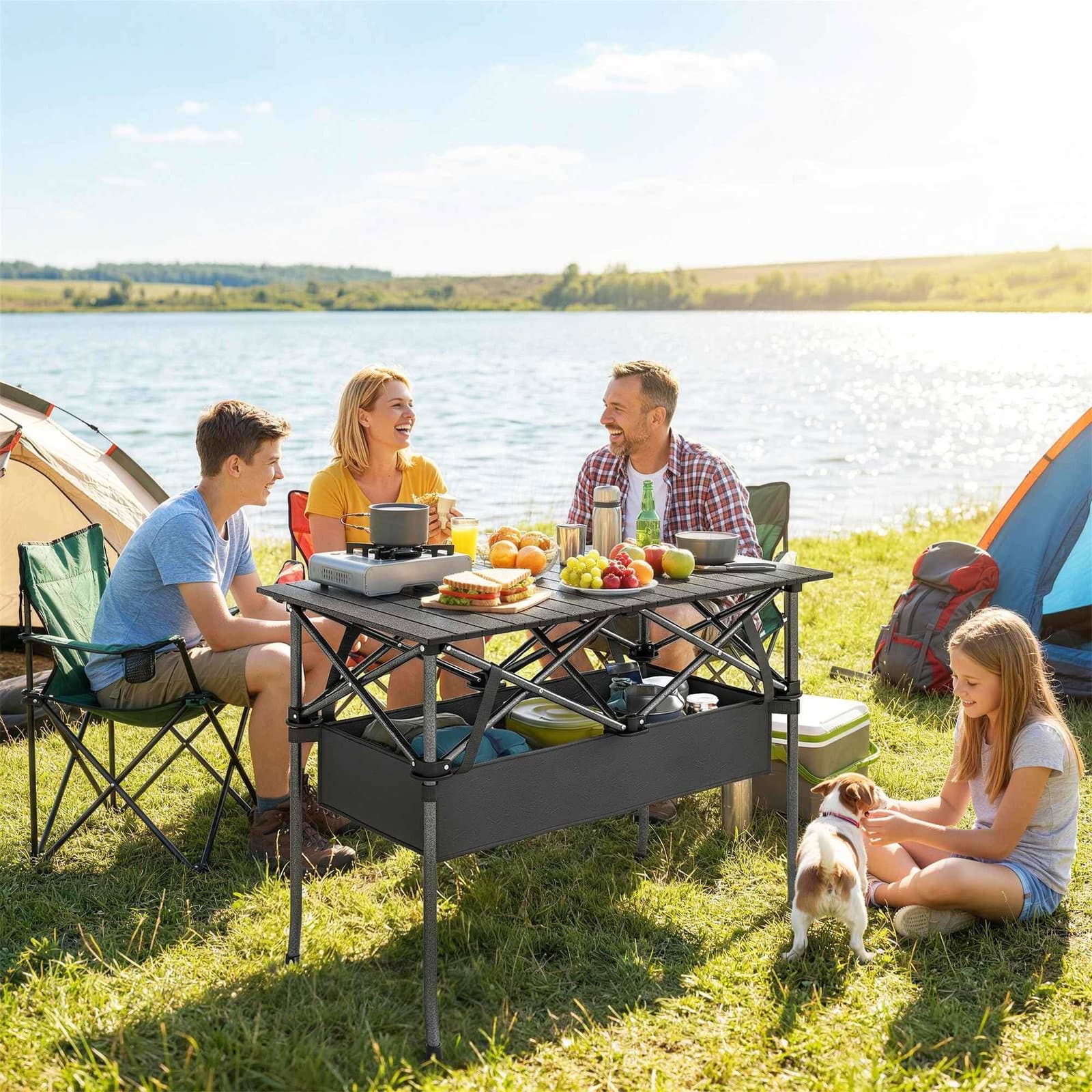Bärbart hopfällbart picknickbord med näthylla – svart view 2