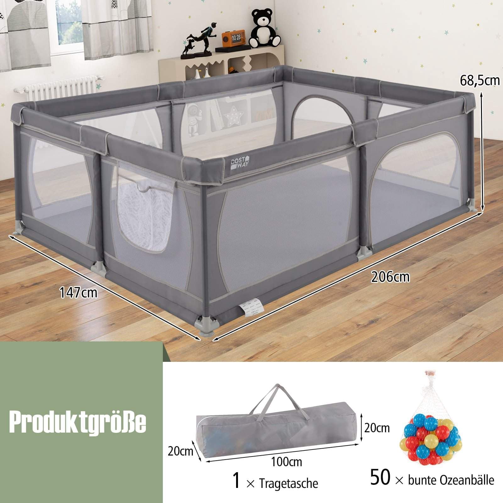 Babylekhage med 50 bollar, nätsidor, 2 dörrar, grå view 2