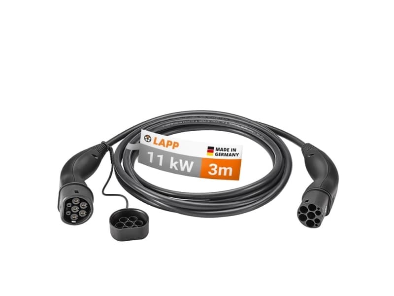 Laddkabel Typ 2, upp till 11 kW, 3 m, svart