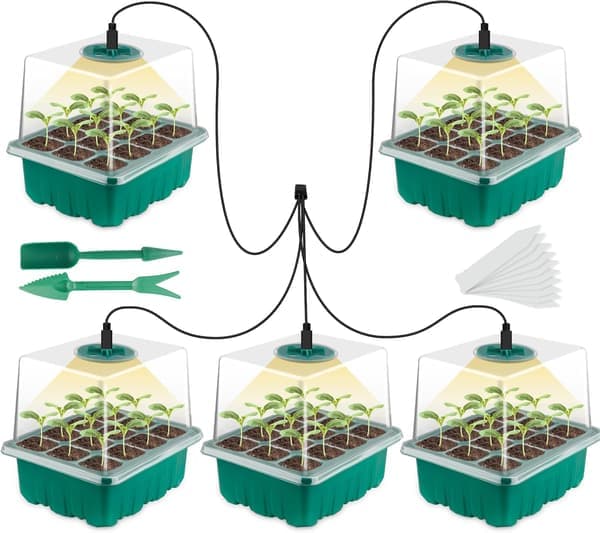 5-delad miniväxthus för plantförökning med solliknande växtlampor med fullt spektrum, med lock och ventilation, 10 etiketter, 2 verktyg