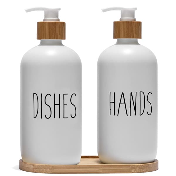 Glass Soap Dispenser Set, Dish Soap Pump for Kitchen Sink, Hand Soap Pump for Bathroom with Bamboo Pump and Soap Dish, Farmhouse Style Decor
