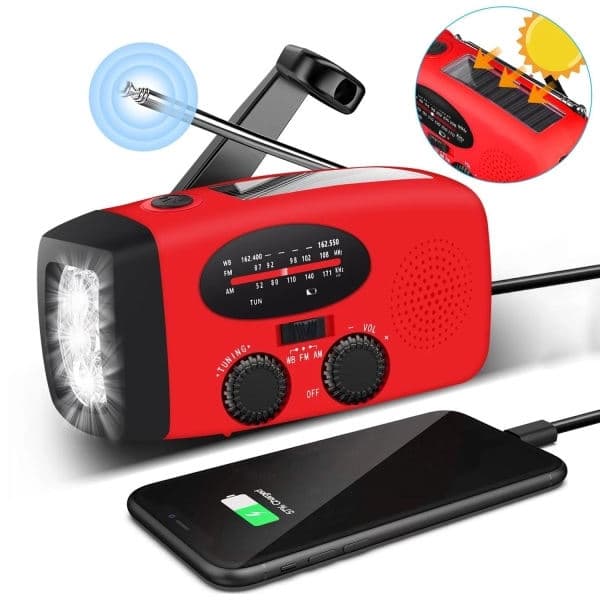 Uppgraderad 2026 nödradiomed handvev, solpanel, ficklampa och 2000mAh powerbank; SOS; AM/FM-radio; NOAA bärbar väderradio.