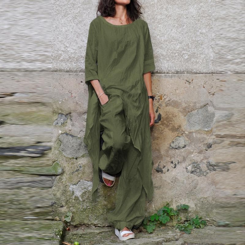 Dammode Vår Sommar Bomull Enfärgad Set Asymmetrisk Kortärmad Top Byx Set cm blå