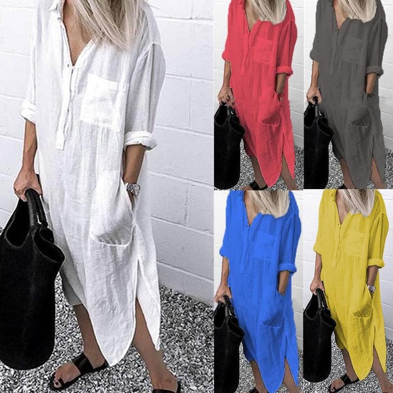 Kvinnor Casual Skjorta Klänning Side Slitting Långärmade Fickor Klänning Enfärgad Baggy Oversized Maxiklänning cm ljusblå färg