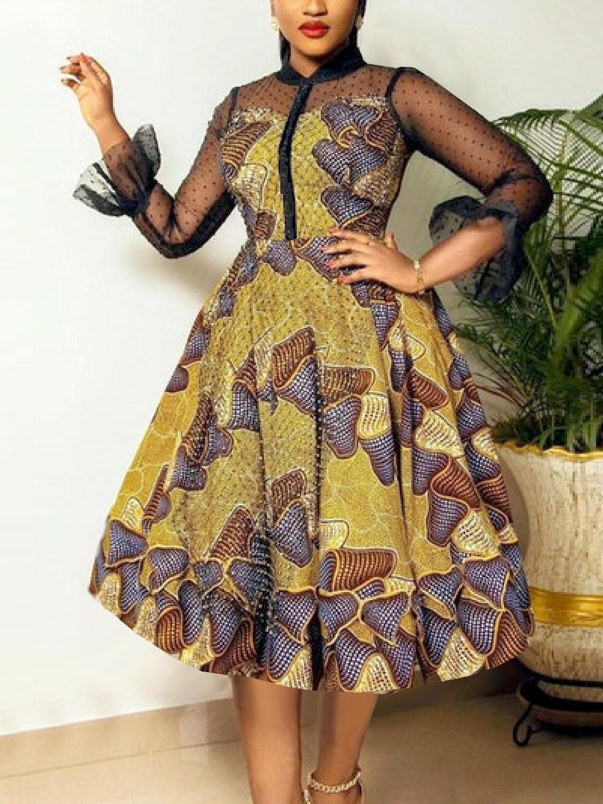 AOMEI tryckta klänningar för kvinnor Vintage Patchwork A Line Genomskinlig långärmade afrikanska klänningar Stora outfits cm gul