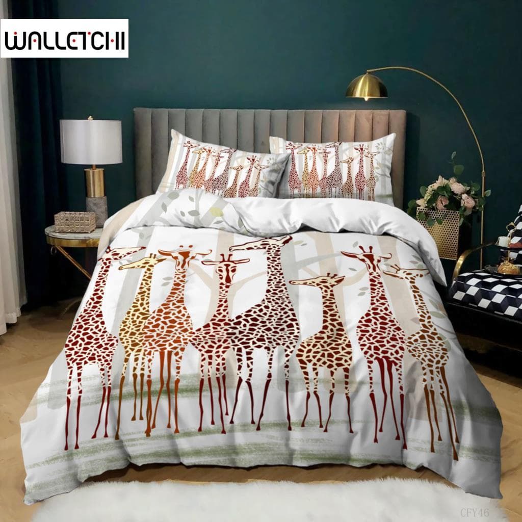 Giraff Påslakanset Full Storlek Djurtema Täcke Örngott Giraffmönster för Barn Tonåringar Pojkar Polyester Giraff Täcke