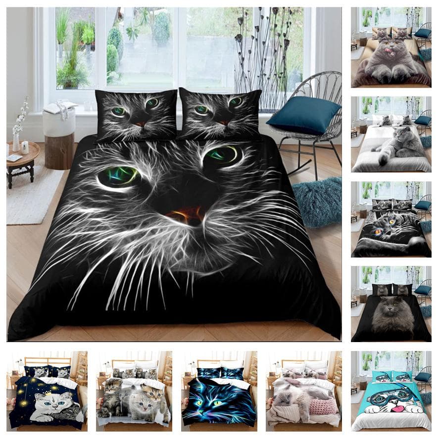 3D Katt Sängkläder Set Djur Sängkläder Örngott 2/3 Delar AU140 * 210 Barnrum Full Storlek Mjukt Med Dragkedja Sovrumsdekoration
