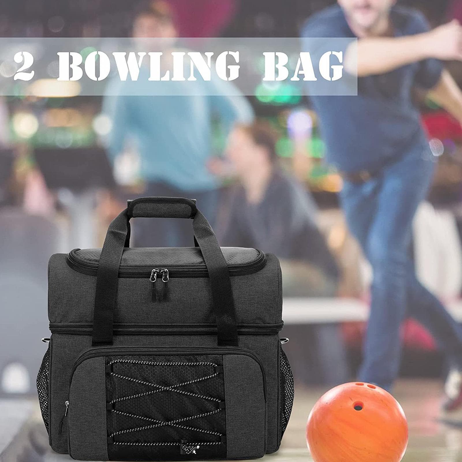 Bowlingväska för 2 bollar Bärbar bowlingväska med vadderad bollhållare för dubbelboll och par svart