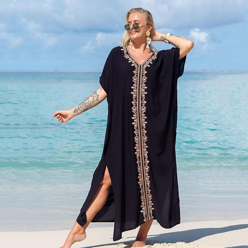 EDOLYNSA Elegant Guldbroderad Kaftan Lång Svart Tunika Lös Maxiklänning Dam Sommarkläder Strandkläder Baddräkt Cover Up Q1455 svart