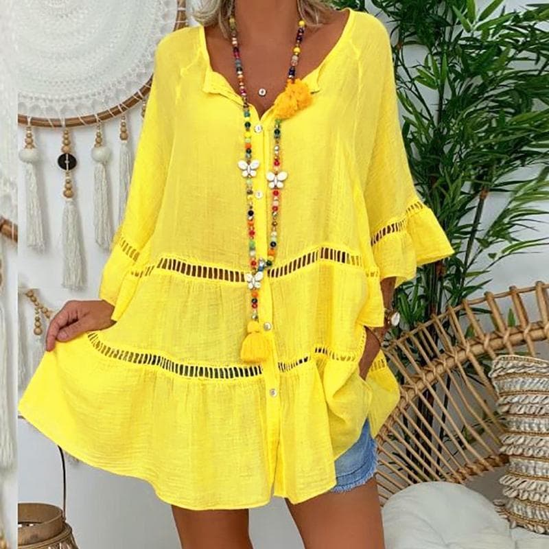 Bomullsskjorta med utsvängning för kvinnor Oversized Hallow Out Lösa blusar Enfärgad Gul Vit Knäppt volang Plus Size Toppar cm vit