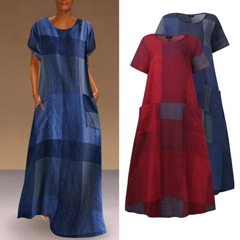 Kvinnor Vår Sommar National Style Bohemian Klänning Lång Rak O-hals Kort ärm Lös midja Plädtryck Ficka S-5XL cm röd