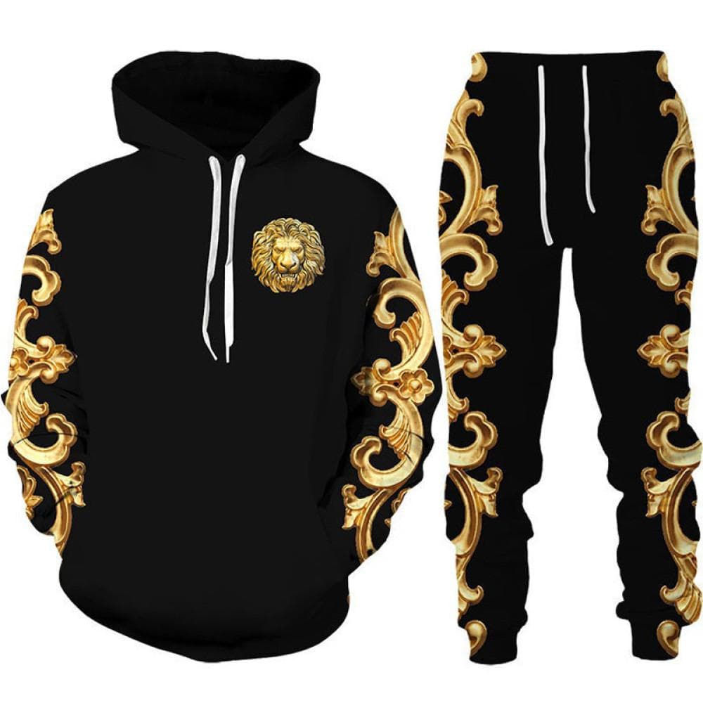 Vår Höst Lyx Gyllene 3D-tryck för män Sweatshirt Set Sport Luvtröja/byxor 2-delade Outfits Träningsoverall Herr/Kvinnor Exklusiv kostym cm