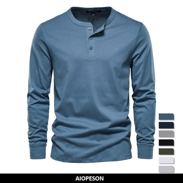 AIOPESON Henley Collar 100 % bomull T-shirt Herr Casual Enfärgad Långärmad T-shirt Herr Nya Höst T-shirts för män av hög kvalitet cm svart