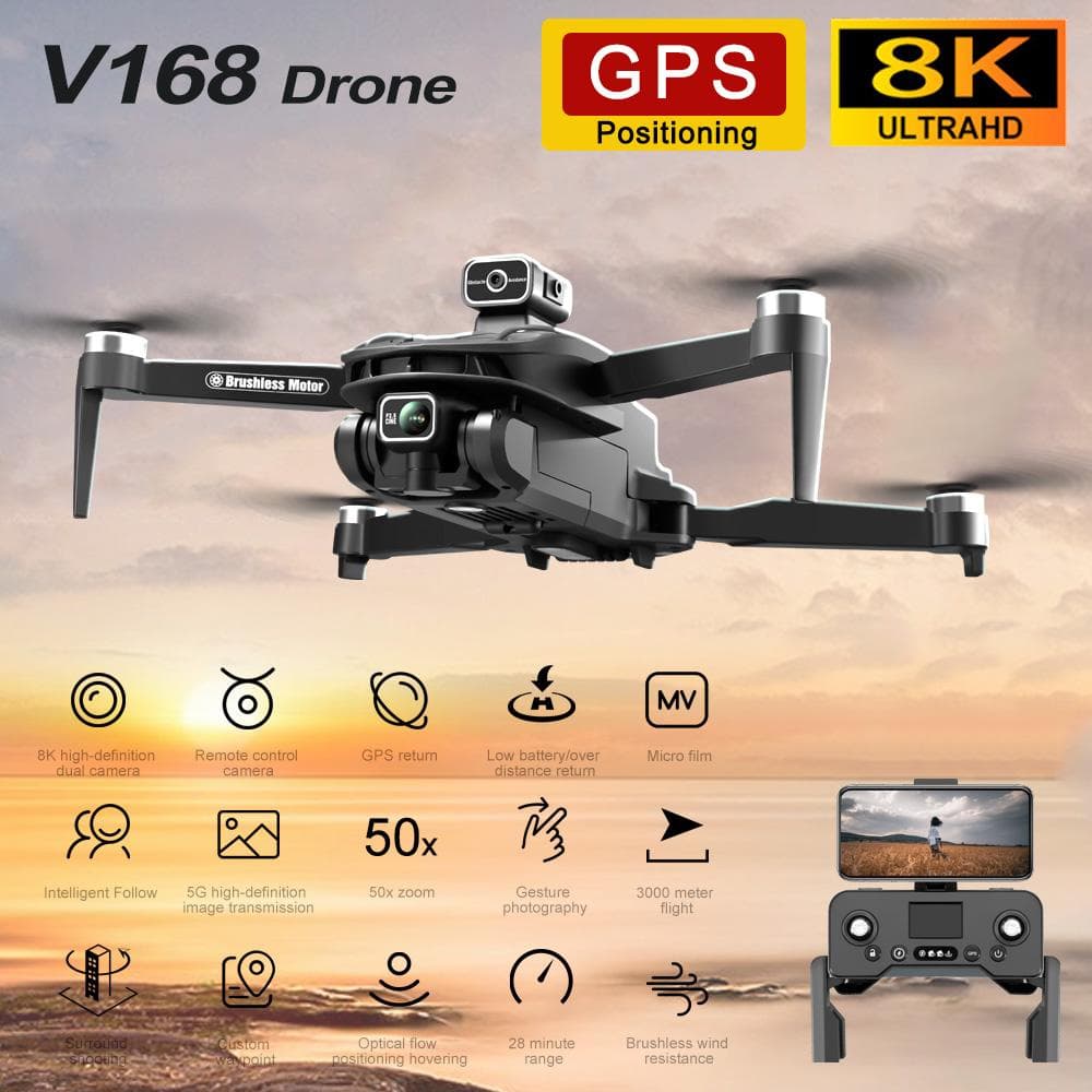 V168 PRO Drönare GPS Professionell 8K med HD-kamera FPV 5G Wifi Borstlös motor Fällbar RC Quadcopter Hinder undvikande Dron