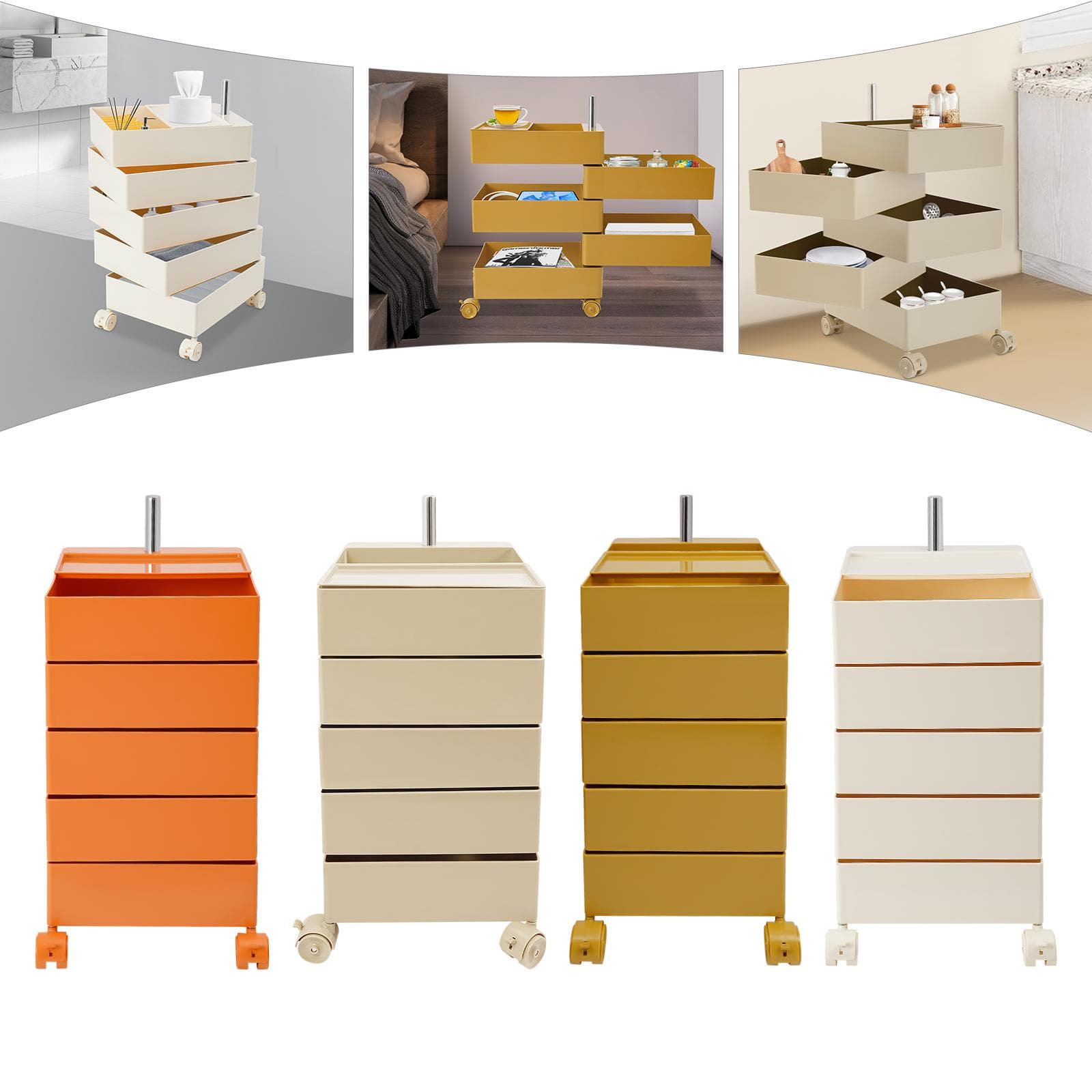 5 hyllor 360° roterande soffbord metallskåp, Vit/Orange/Khaki/Gul Fristående förvaringsställ 41,5*31,5*61cm för Kök khaki