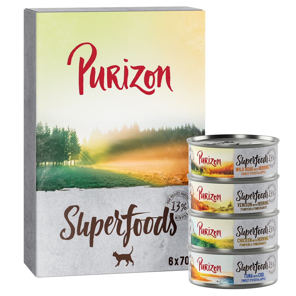 Ekonomipack: Purizon Superfoods 12 x 70 g - Mixpack (4 x kyckling, 4 x tonfisk, 2 x vildsvin, 2 x vilt)