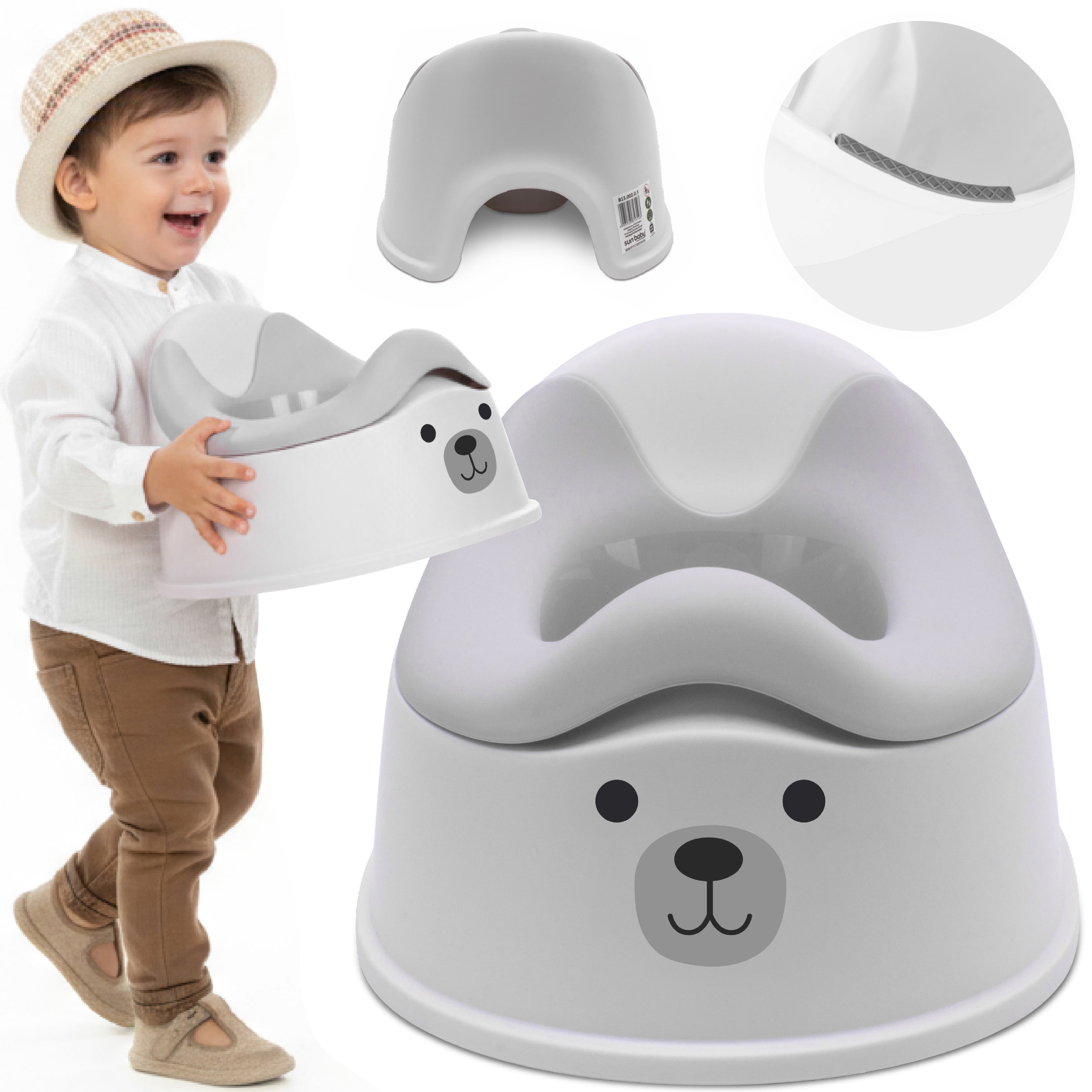 sun baby Potta för barn 18-36 månader, halkfria fötter, ergonomiskt ryggstöd, avtagbar insats, upp till 15 kg (Vit-Grå + Klistermärke Björn)