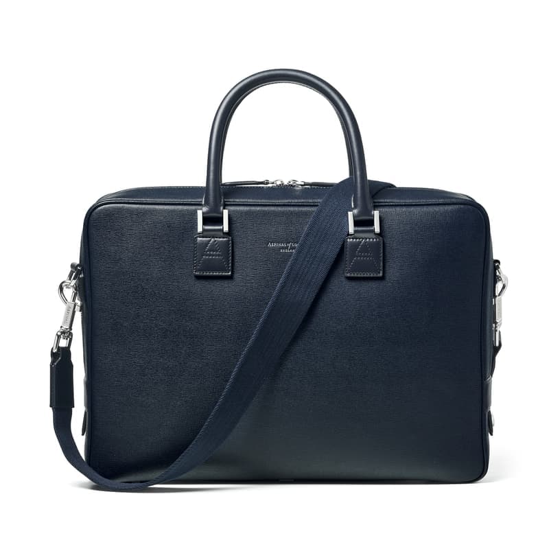 Aspinal of London Mount Street Laptop Briefcase Bag in Navy Saffiano