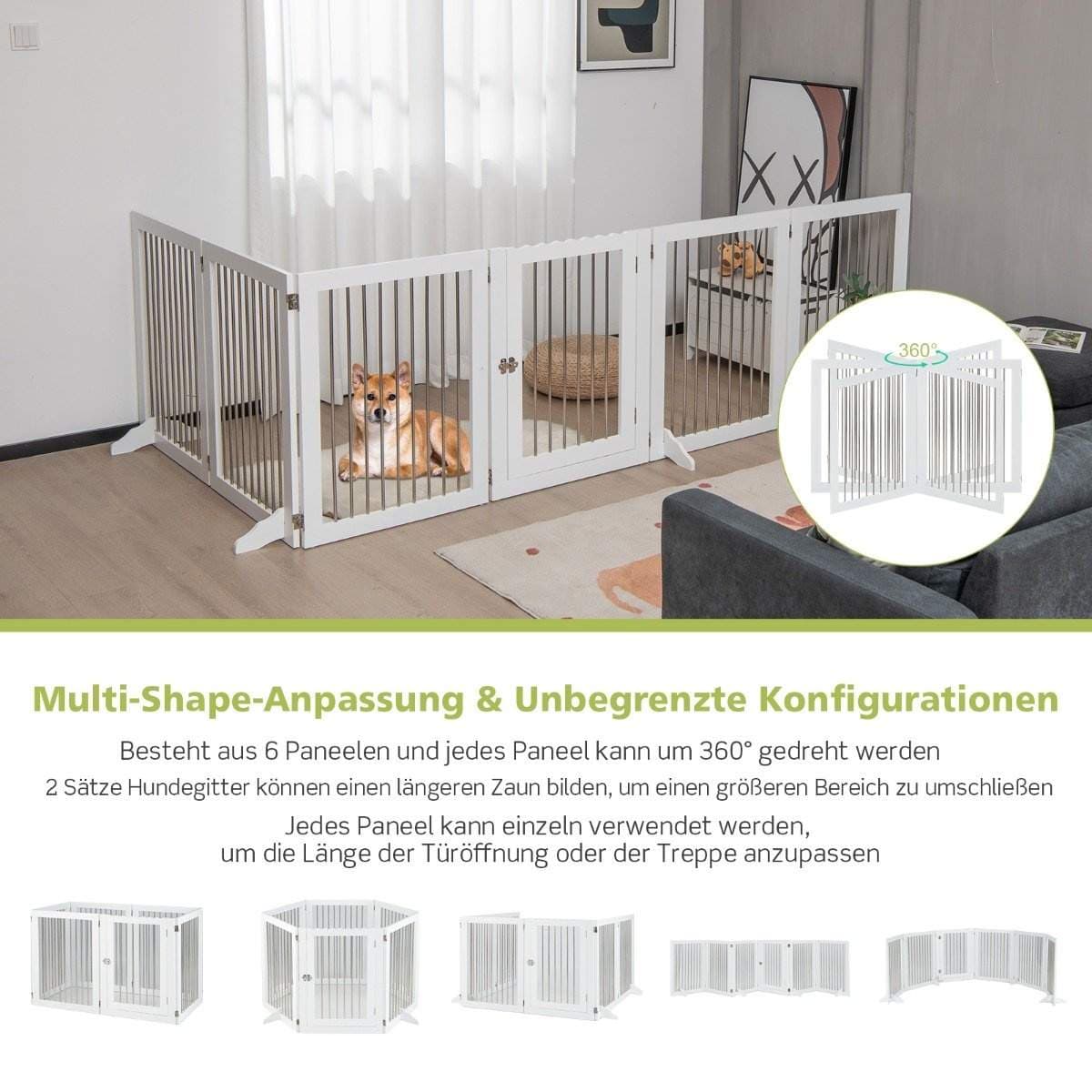 Dog Gate Lekhage Fristående Hundstaket med 6 paneler 366 x 80 cm Vit